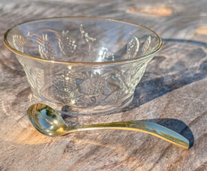 Arcoroc France Gold Rim Berry Design Glass Bowl 4 7/8" w/ Japan Spoon